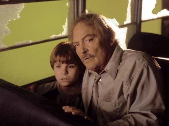 Frozen Impact - filmstill Twelve year-old Jason Blanchard (Myles Jeffrey) and auctioneer Peter Crane (Stacy Keach) find comfort in one another as a violent hailstorm blasts out the windows of their bus in the tense and gripping PAX original movie, nFrozen Impact. Filmstill - Editorial Use Only Ref: FB Supplied by EDITORIAL USE ONLY Copyright: xSuppliedxbyxCapitalxPicturesx