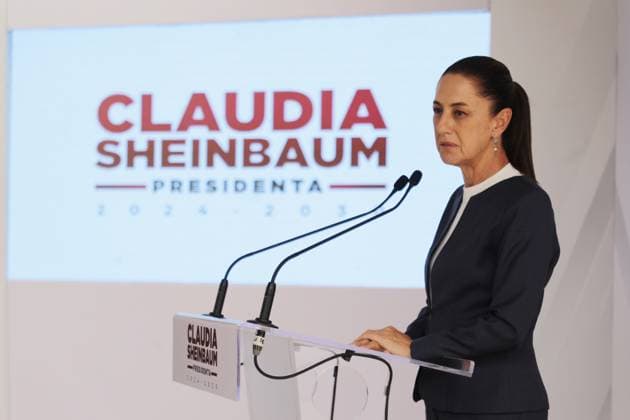 Claudia Sheinbaum Pardo, virtual candidate elected for the Presidency of Mexico, speaks during a press conference in which she announced that she will continue the construction of passenger trains in the north of the country. on July 8, 2024 in Mexico City, Mexico. Mexico City Mexico - ZUMAe321 20240708_zia_e321_002 Copyright: xIanxRoblesx