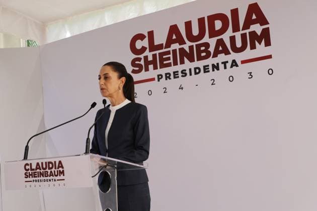 Claudia Sheinbaum Pardo, virtual candidate elected for the Presidency of Mexico, speaks during a press conference in which she announced that she will continue the construction of passenger trains in the north of the country. on July 8, 2024 in Mexico City, Mexico. Mexico City Mexico - ZUMAe321 20240708_zia_e321_003 Copyright: xIanxRoblesx