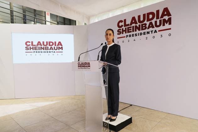 Claudia Sheinbaum Pardo, virtual candidate elected for the Presidency of Mexico, speaks during a press conference in which she announced that she will continue the construction of passenger trains in the north of the country. on July 8, 2024 in Mexico City, Mexico. Mexico City Mexico - ZUMAe321 20240708_zia_e321_004 Copyright: xIanxRoblesx