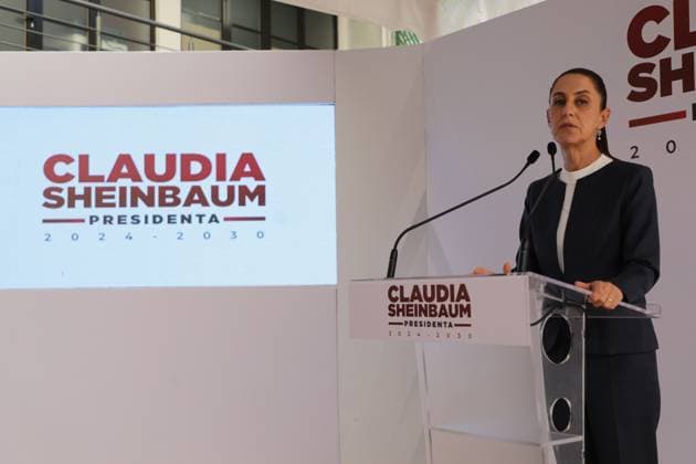 Claudia Sheinbaum Pardo, virtual candidate elected for the Presidency of Mexico, speaks during a press conference in which she announced that she will continue the construction of passenger trains in the north of the country. on July 8, 2024 in Mexico City, Mexico. Mexico City Mexico - ZUMAe321 20240708_zia_e321_015 Copyright: xIanxRoblesx