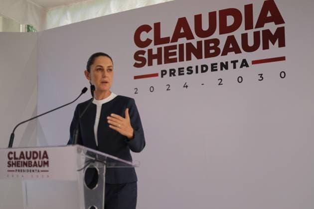 Claudia Sheinbaum Pardo, virtual candidate elected for the Presidency of Mexico, speaks during a press conference in which she announced that she will continue the construction of passenger trains in the north of the country. on July 8, 2024 in Mexico City, Mexico. Mexico City Mexico - ZUMAe321 20240708_zia_e321_016 Copyright: xIanxRoblesx