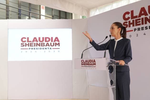 Claudia Sheinbaum Pardo, virtual candidate elected for the Presidency of Mexico, speaks during a press conference in which she announced that she will continue the construction of passenger trains in the north of the country. on July 8, 2024 in Mexico City, Mexico. Mexico City Mexico - ZUMAe321 20240708_zia_e321_025 Copyright: xIanxRoblesx