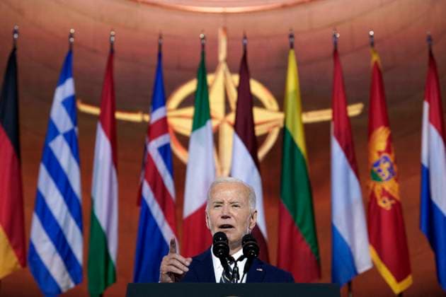Bilder des Jahres 2024, News 07 Juli News Themen der Woche KW28 News Bilder des Tages Joe Biden on 75th Anniversary of NATO - Washington US President Joe Biden delivers remarks on the 75th Anniversary of NATO at the Andrew W. Mellon Auditorium in Washington on July 9, 2024. Photo by Yuri Gripas ABACAPRESS.COM Washington DC United States  Copyright: xPool ABACAx
