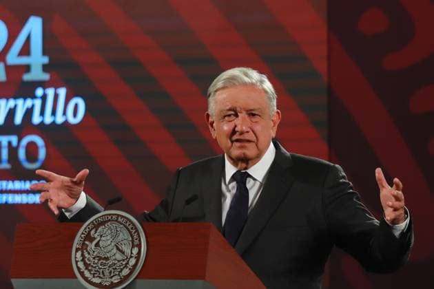 Mexico™s President Andres Manuel Lopez Obrador Briefing Mexico s President Andres Manuel Lopez Obrador, talks about the restoration program for rural heritage damaged by the 2017 earthquake in the states of Morelos, Puebla, Oaxaca, Chiapas and Mexico City, as well as the progress on the trains, during a briefing conference at National Palace. on July 10, 2024 in Mexico City, Mexico. (Photo by Carlos Santiago Eyepix Group) Copyright: xCarlosxSantiago xEyepixxGroupx CS_10072024_125852
