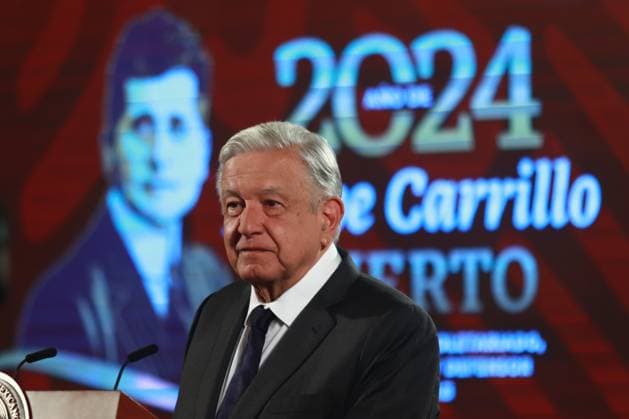 Mexico™s President Andres Manuel Lopez Obrador Briefing Mexico s President Andres Manuel Lopez Obrador, talks about the restoration program for rural heritage damaged by the 2017 earthquake in the states of Morelos, Puebla, Oaxaca, Chiapas and Mexico City, as well as the progress on the trains, during a briefing conference at National Palace. on July 10, 2024 in Mexico City, Mexico. (Photo by Carlos Santiago Eyepix Group) Copyright: xCarlosxSantiago xEyepixxGroupx CS_10072024_125862