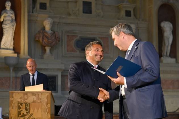 Georg HACKL Olympic luge champion , Markus SOEDER State Premier of Bavaria and CSU Chairman Award of the Bavarian Order of Merit in the Antiquariat of the Residence in Munich on 10 07 2024
