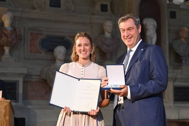 Vanessa HINZ Ex biathlete , Markus SOEDER State Premier of Bavaria and CSU Chairman Award of the Bavarian Order of Merit in the Antiquariat of the Residence in Munich on 10 07 2024