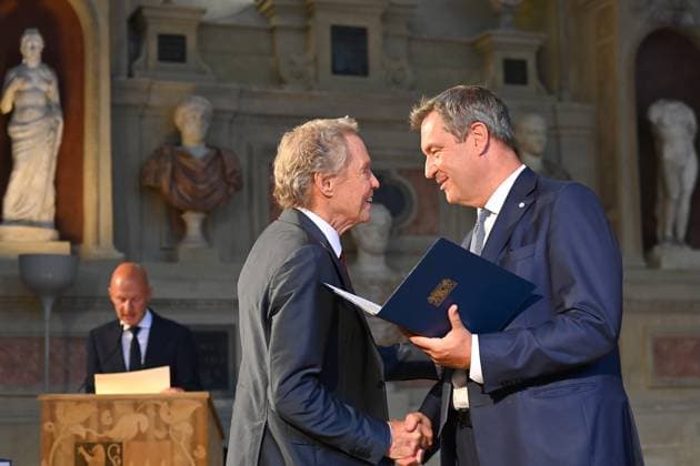 Peter KRAUS Saenger,Musician , Markus SOEDER State Premier of Bavaria and CSU Chairman Award of the Bavarian Order of Merit in the Antiquariat of the Residence in Munich on 10 07 2024