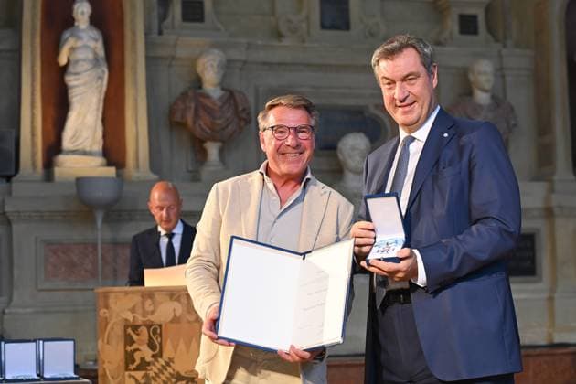 Patrick LINDNER Saenger,Actor Markus SOEDER State Premier of Bavaria and CSU Chairman Award of the Bavarian Order of Merit in the Antiquariat of the Residence in Munich on 10 07 2024