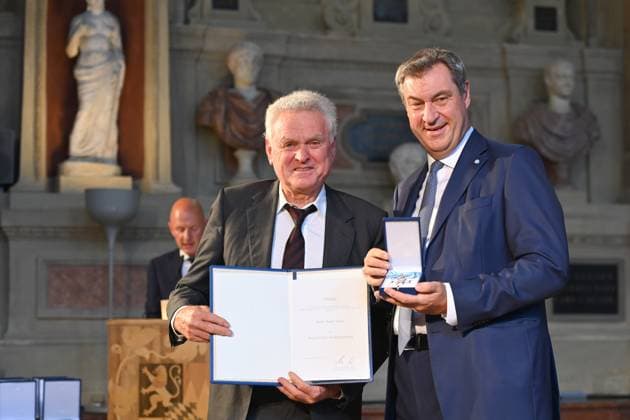 Sepp MAIER Former soccer goalkeeper, Markus SOEDER State Premier of Bavaria and CSU Chairman Award of the Bavarian Order of Merit in the Antiquariat of the Residence in Munich on 10 07 2024
