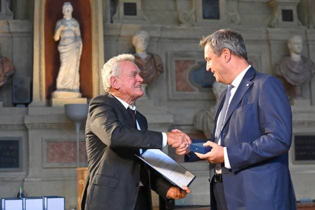 Sepp MAIER Former soccer goalkeeper, Markus SOEDER State Premier of Bavaria and CSU Chairman Award of the Bavarian Order of Merit in the Antiquariat of the Residence in Munich on 10 07 2024