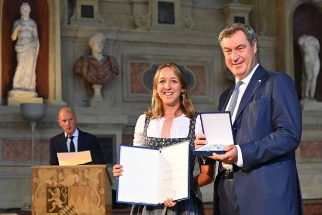 Franziska PREUSS Ex Biathleti , Markus SOEDER State Premier of Bavaria and CSU Chairman Award of the Bavarian Order of Merit in the Antiquariat of the Residence in Munich on 10 07 2024