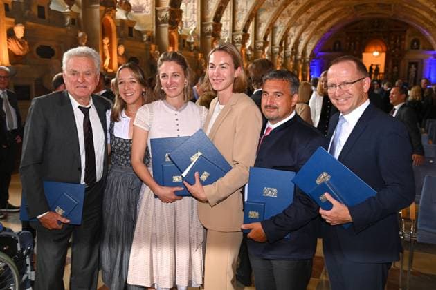 from left Sepp MAIER,Franziska PREUSS, Vanessa HINZ,Alexandra BURGHARDT,Georg Schorsch HACKL, Joerg AMMON, Award of the Bavarian Order of Merit in the Antiquariat of the Residence in Munich on 10 07 2024
