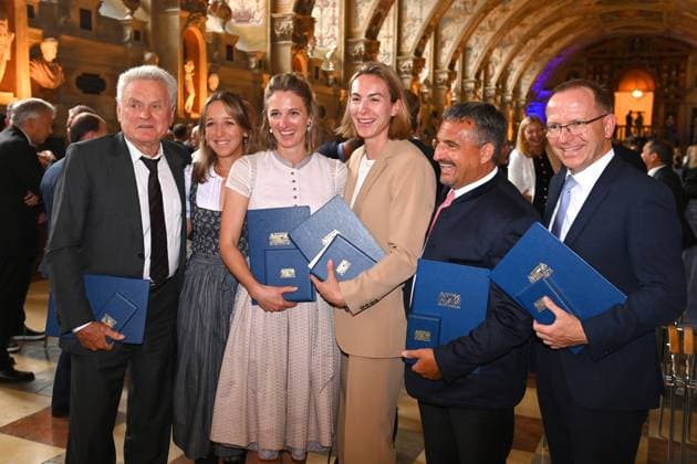 from left Sepp MAIER,Franziska PREUSS, Vanessa HINZ,Alexandra BURGHARDT,Georg Schorsch HACKL, Joerg AMMON, Award of the Bavarian Order of Merit in the Antiquariat of the Residence in Munich on 10 07 2024