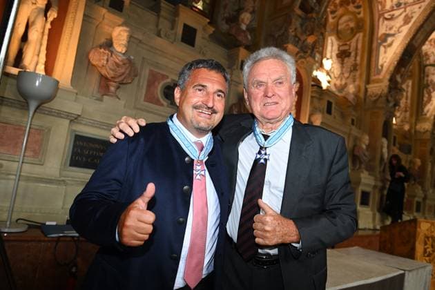 from left Georg Schorsch HACKL, Sepp MAIER Award of the Bavarian Order of Merit in the Antiquariat of the Residenz in Munich on 10 07 2024