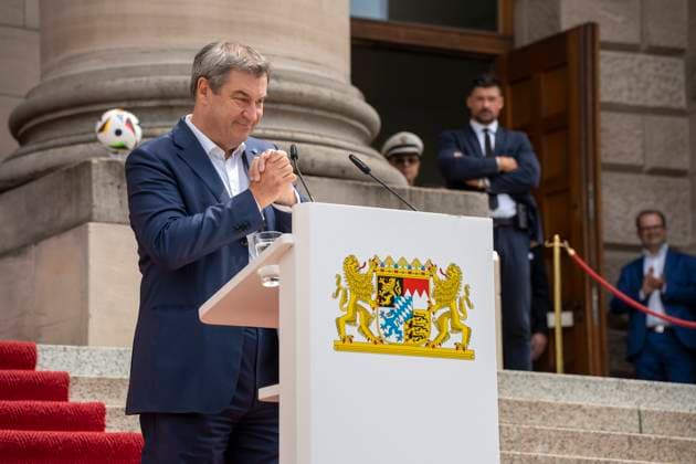 Munich, Bavaria, Germany: 11 July 2024: Dr. Markus Söder, Minister President of Bavaria, speaks at the award ceremony for the volunteers of the UEFA Euro 2024 European Championship in Germany in Munich in the lower Hofgarten.