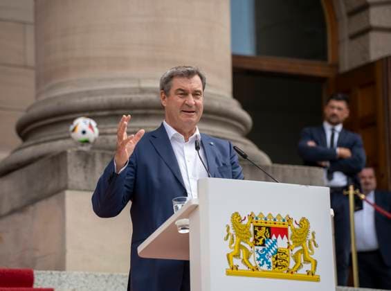 Munich, Bavaria, Germany: 11 July 2024: Dr. Markus Söder, Minister President of Bavaria, speaks at the award ceremony for the volunteers of the UEFA Euro 2024 European Championship in Germany in Munich in the lower Hofgarten.
