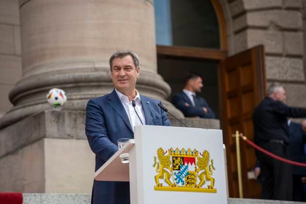 Munich, Bavaria, Germany: 11 July 2024: Dr. Markus Söder, Minister President of Bavaria, speaks at the award ceremony for the volunteers of the UEFA Euro 2024 European Championship in Germany in Munich in the lower Hofgarten.