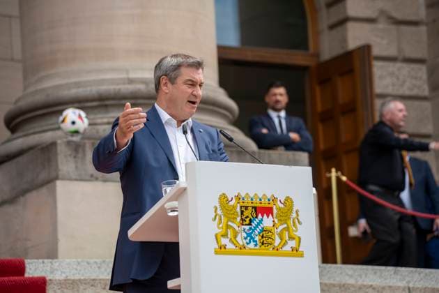 Munich, Bavaria, Germany: 11 July 2024: Dr. Markus Söder, Minister President of Bavaria, speaks at the award ceremony for the volunteers of the UEFA Euro 2024 European Championship in Germany in Munich in the lower Hofgarten.