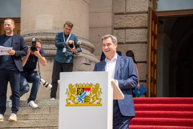 Munich, Bavaria, Germany - 11 July 2024: Prime Minister of Bavaria Dr. Markus Söder honoring the volunteers of the European Championship