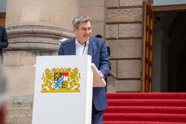 Munich, Bavaria, Germany - 11 July 2024: Prime Minister of Bavaria Dr. Markus Söder honoring the volunteers of the European Championship