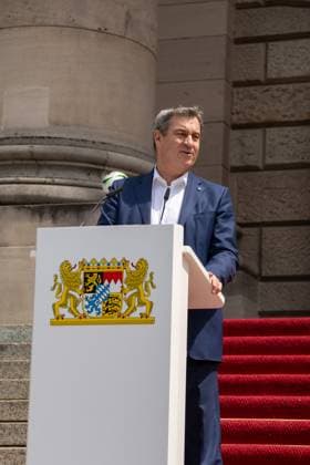 Munich, Bavaria, Germany - 11 July 2024: Prime Minister of Bavaria Dr. Markus Söder honoring the volunteers of the European Championship