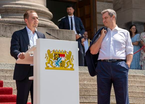 Munich, Bavaria, Germany: 11 July 2024: Dr. Markus Söder, Minister President of Bavaria, with former soccer player Philipp Lahm at the award ceremony for the volunteers of the UEFA Euro 2024 European Championship in Germany in Munich in the lower Hofgarten.