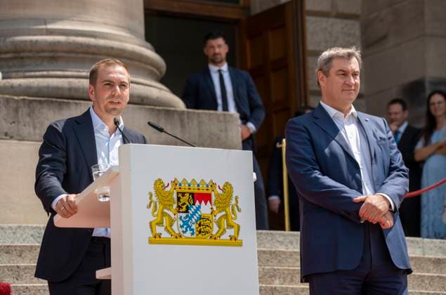 Munich, Bavaria, Germany: 11 July 2024: Dr. Markus Söder, Minister President of Bavaria, with former soccer player Philipp Lahm at the award ceremony for the volunteers of the UEFA Euro 2024 European Championship in Germany in Munich in the lower Hofgarten.