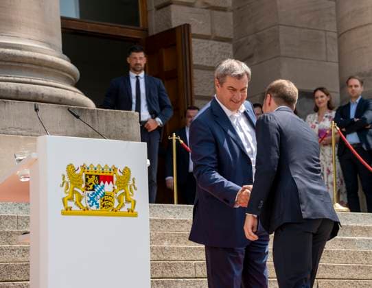 Munich, Bavaria, Germany: 11 July 2024: Dr. Markus Söder, Minister President of Bavaria, with former soccer player Philipp Lahm at the award ceremony for the volunteers of the UEFA Euro 2024 European Championship in Germany in Munich in the lower Hofgarten.