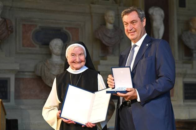 Abbess Dr. Mechthild BERNART, Markus SOEDER State Premier of Bavaria and CSU Chairman Award of the Bavarian Order of Merit in the Antiquariat of the Residence in Munich on 10 07 2024