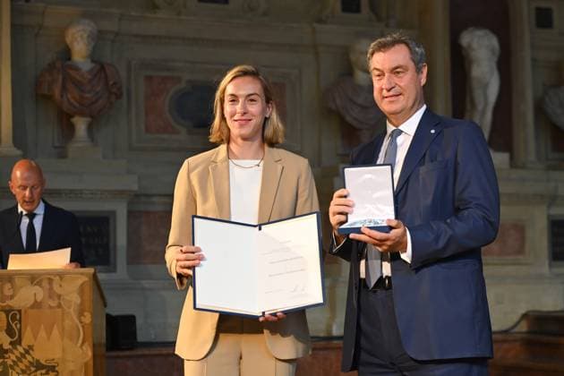 Alexandra BURGHARDT Track and Field Athlete , Markus SOEDER State Premier of Bavaria and CSU Chairman Award of the Bavarian Order of Merit in the Antiquariat of the Residence in Munich on 10 07 2024