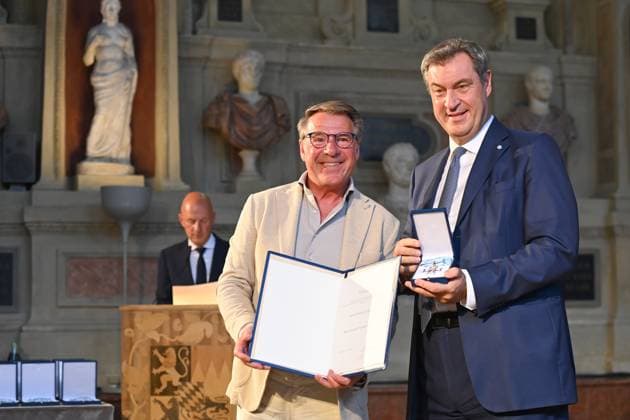 Patrick LINDNER Saenger,Actor , Markus SOEDER State Premier of Bavaria and CSU Chairman Award of the Bavarian Order of Merit in the Antiquariat of the Residence in Munich on 10 07 2024