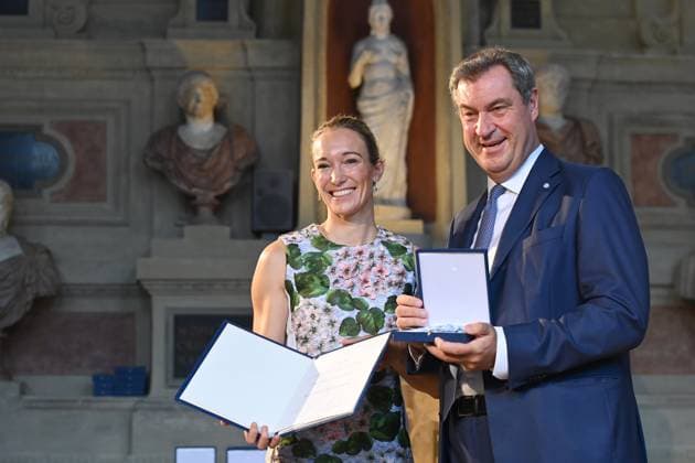 Dr. Christine THEISS, Markus SOEDER State Premier of Bavaria and CSU Chairman Award of the Bavarian Order of Merit in the Antiquariat of the Residence in Munich on 10 07 2024