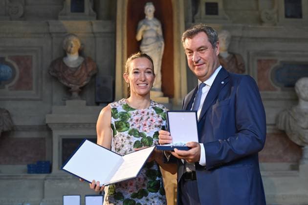 Dr. Christine THEISS, Markus SOEDER State Premier of Bavaria and CSU Chairman Award of the Bavarian Order of Merit in the Antiquariat of the Residence in Munich on 10 07 2024