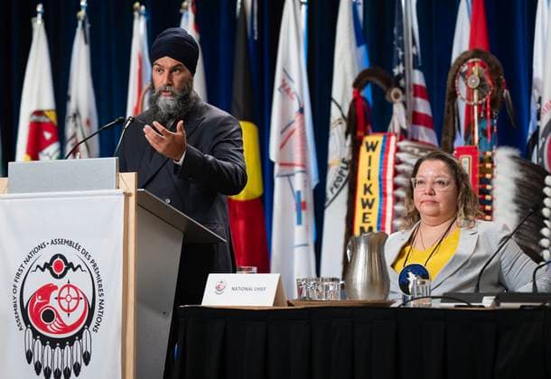 July 11, 2024, Montreal, Pq, Canada: NDP Leader Jagmeet Singh speaks to the Assembly of First Nations as National Chief Cindy Woodhouse Nepinak looks on, Thursday, July 11, 2024 in Montreal. Montreal Canada  - ZUMAc35_ 20240711_zaf_c35_012 Copyright: xRyanxRemiorzx