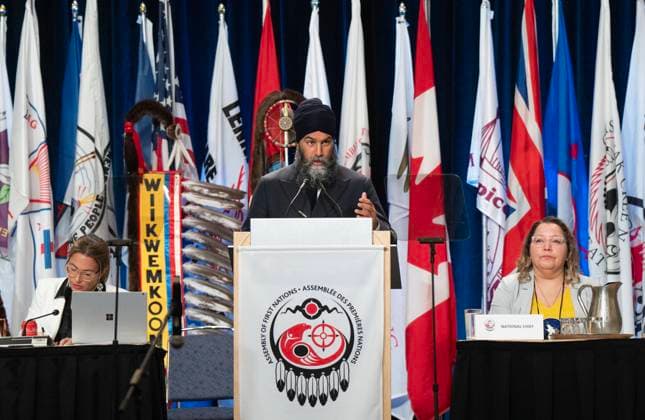 July 11, 2024, Montreal, Pq, Canada: NDP Leader Jagmeet Singh speaks to the Assembly of First Nations as National Chief Cindy Woodhouse Nepinak, looks on, Thursday, July 11, 2024 in Montreal. Montreal Canada  - ZUMAc35_ 20240711_zaf_c35_016 Copyright: xRyanxRemiorzx