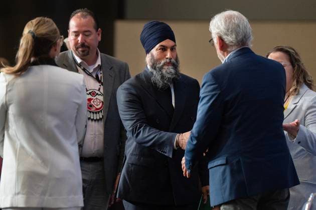 July 11, 2024, Montreal, Pq, Canada: NDP Leader Jagmeet Singh greets chiefs at the head table as he arrives to speak to the Assembly of First Nations, Thursday, July 11, 2024 in Montreal. Montreal Canada  - ZUMAc35_ 20240711_zaf_c35_018 Copyright: xRyanxRemiorzx