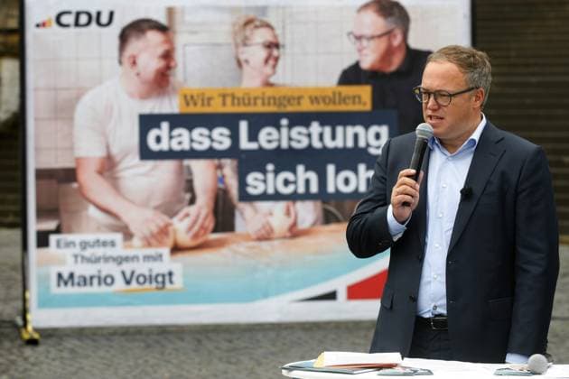 Erfurt, 12.07.2024 Wahlkampfauftakt der CDU Thüringen auf dem Erfurter Domplatz zur Landtagswahl am 1. September 2024 in Thüringen. Im Foto Landesvorsitzender und Spitzenkandidat zur Landtagswahl Mario Voigt Foto: Mario Gentzel Thüringen Deutschland *** Erfurt, 12 07 2024 Election campaign kick-off of the CDU Thuringia on Erfurt Cathedral Square for the state election on September 1, 2024 in Thuringia In the photo state chairman and top candidate for the state election Mario Voigt Photo Mario Gentzel Thuringia Germany Copyright: xMarioxGentzelx
