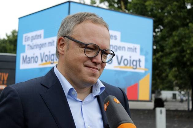 Erfurt, 12.07.2024 Wahlkampfauftakt der CDU Thüringen auf dem Erfurter Domplatz zur Landtagswahl am 1. September 2024 in Thüringen. Im Foto Landesvorsitzender und Spitzenkandidat zur Landtagswahl Mario Voigt Foto: Mario Gentzel Thüringen Deutschland *** Erfurt, 12 07 2024 Election campaign kick-off of the CDU Thuringia on Erfurt Cathedral Square for the state election on September 1, 2024 in Thuringia In the photo state chairman and top candidate for the state election Mario Voigt Photo Mario Gentzel Thuringia Germany Copyright: xMarioxGentzelx
