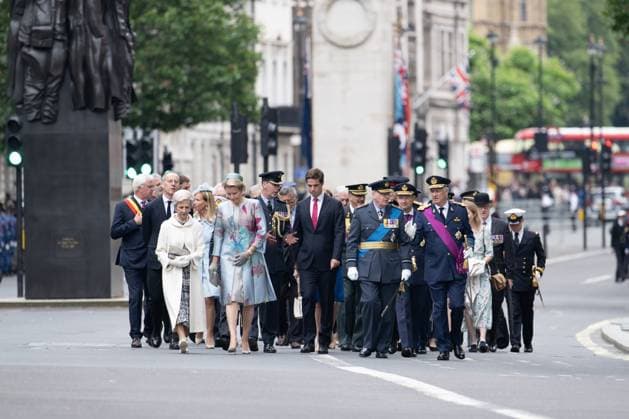 Queen Mathilde of Belgium (2L) and King Philippe - Filip of Belgium (R) pictured during an international ceremony in the context of the commemoration of the Belgian soldiers that died during the two World Wars, London, United Kingdom, Saturday 13 July 2024.  BARTxLENOIR 96369770