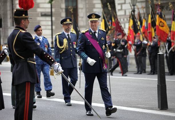 July 13, 2024, London, England, UK: His Majesty Philippe King of the Belgians (purple sash) inspects the parade in Whitehall, London during the Belgian Cenotaph parade. On 17th February 1934, King Albert of the Belgians died in a climbing accident, moved by his death King George V decided to honour him and all Belgian veterans by allowing an annual parade in full arms and uniform at the Whitehall cenotaph. This is a unique privilege that no other country has ever been afforded. London UK - ZUMAmp3_ 20240713_zip_mp3_041 Copyright: xMartinxPopex