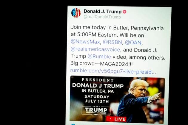 July 14, 2024, Butler, Pennsylvania, United States of America: A statement on the Trump Social account of Donald Trump after being struck by gunfire during an assassination attempt was made on his life at a 2024 U.S. Presidential Election campaign rally in Butler Pennsylvania...President Donald Trump was grazed in the ear by a bullet in the from an alleged sniper from outside the MAGA campaign event perimeter from an elevated 1-story building. The U.S. Secret Service is reporting that two political supporters have been killed by gunfire and the alleged assailant was neutralized by law enforcement executive protection counter snipers. Butler United States of America - ZUMAb177 20240714_aap_b177_005 Copyright: xTaidghxBarronx