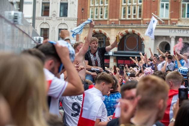 July 14, 2024, London, England, United Kingdom: Fans of England are seen in Leicester Square ahead of UEFA Euro 2024 final match against Spain. London United Kingdom - ZUMAs262 20240714_zip_s262_067 Copyright: xTayfunxSalcix