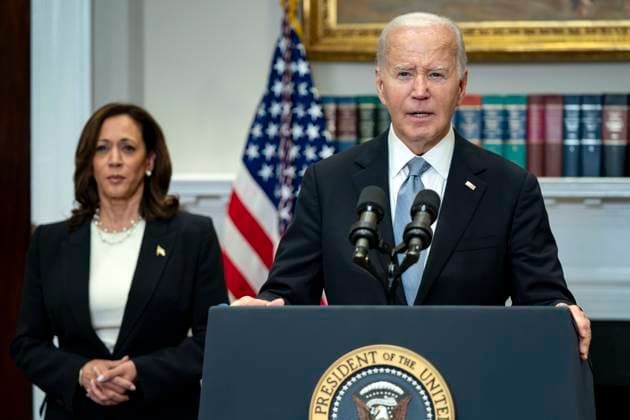 President Joe Biden delivers remarks as Vice President Kamala Harris look on after former President Donald Trump was injured following a shooting at a July 13 election rally in Pennsylvania in the Roosevelt Room of the White House in Washington, DC on Sunday, July 14, 2024. The attack on Saturday killed one spectator at the scene and left two others critically injured.  WAP20240714301 BONNIExCASH