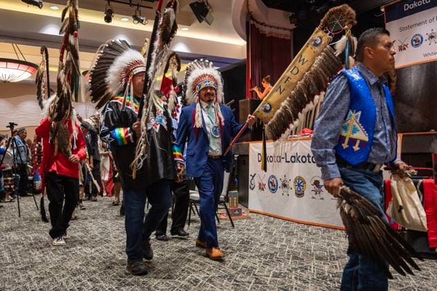 July 15, 2024, Whitecap Dakota Nation, Sk, Canada: Chief Darcy Bear, Whitecap Dakota, during the Grand Entry, during a ceremony where the Government of Canada delivered a formal apology to the 9 Dakota and Lakota First Nations in Canada in Whitecap Dakota Nation, Saskatchewan on Monday, July 15, 2024. Whitecap Dakota Nation Canada - ZUMAc35_ 20240715_zaf_c35_021 Copyright: xLiamxRichardsx