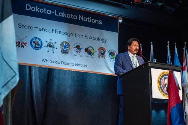 July 15, 2024, Whitecap Dakota Nation, Sk, Canada: Chief Darcy Bear, Whitecap Dakota, speaks during a ceremony where the Government of Canada delivered a formal apology to the 9 Dakota and Lakota First Nations in Canada in Whitecap Dakota Nation, Saskatchewan on Monday, July 15, 2024. Whitecap Dakota Nation Canada  - ZUMAc35_ 20240715_zaf_c35_023 Copyright: xLiamxRichardsx