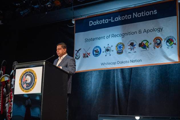 July 15, 2024, Whitecap Dakota Nation, Sk, Canada: Gary Anandasangaree, Minister of Crown-Indigenous Relations, speaks during a ceremony where the Government of Canada delivered a formal apology to the 9 Dakota and Lakota First Nations in Canada in Whitecap Dakota Nation, Saskatchewan on Monday, July 15, 2024. Whitecap Dakota Nation Canada  - ZUMAc35_ 20240715_zaf_c35_025 Copyright: xLiamxRichardsx