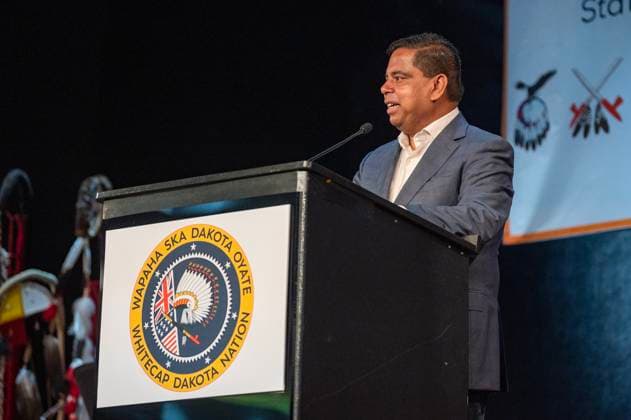 July 15, 2024, Whitecap Dakota Nation, Sk, Canada: Gary Anandasangaree, Minister of Crown-Indigenous Relations, speaks during a ceremony where the Government of Canada delivered a formal apology to the 9 Dakota and Lakota First Nations in Canada in Whitecap Dakota Nation, Saskatchewan on Monday, July 15, 2024. Whitecap Dakota Nation Canada  - ZUMAc35_ 20240715_zaf_c35_026 Copyright: xLiamxRichardsx