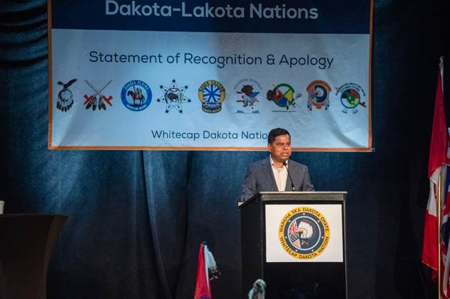 July 15, 2024, Whitecap Dakota Nation, Sk, Canada: Gary Anandasangaree, Minister of Crown-Indigenous Relations, speaks during a ceremony where the Government of Canada delivered a formal apology to the 9 Dakota and Lakota First Nations in Canada in Whitecap Dakota Nation, Saskatchewan on Monday, July 15, 2024. Whitecap Dakota Nation Canada  - ZUMAc35_ 20240715_zaf_c35_027 Copyright: xLiamxRichardsx